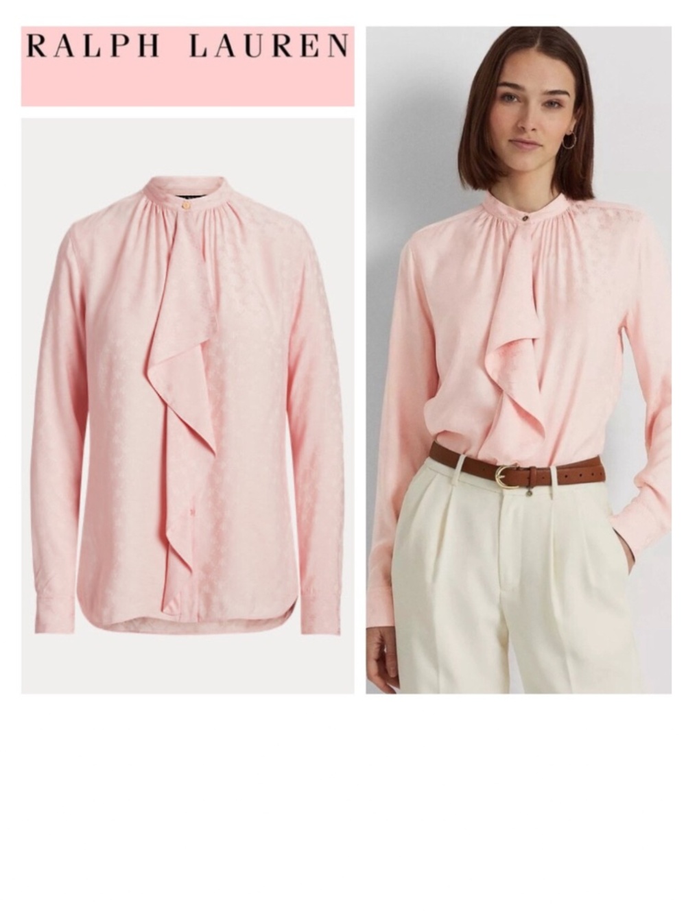 Ralph Lauren Black Label Sz Small Shirt Blouse Top Pink Ruffle Logo Jacquard